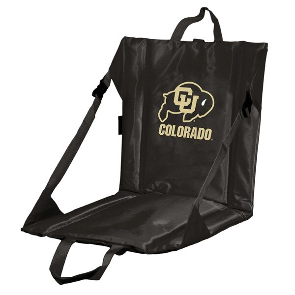 A black folding stadium chair with the iconic CU Buffalo logo and "Colorado" printed in gold.