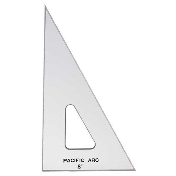 A clear, eight inch triangle with thirty and sixty degree angles.