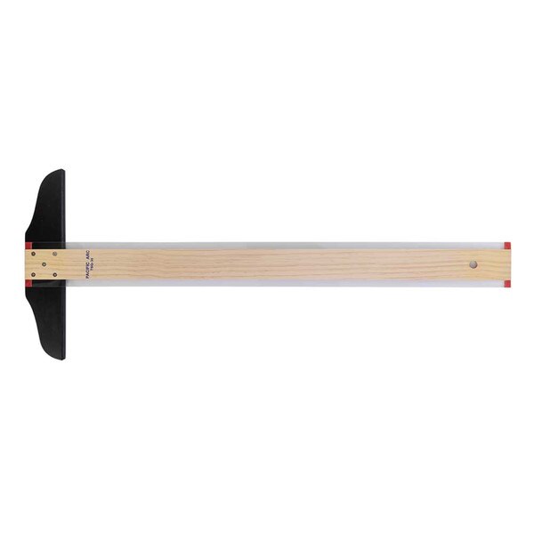 A thirty inch wooden t-square with a black piece at the top and acrylic edges.
