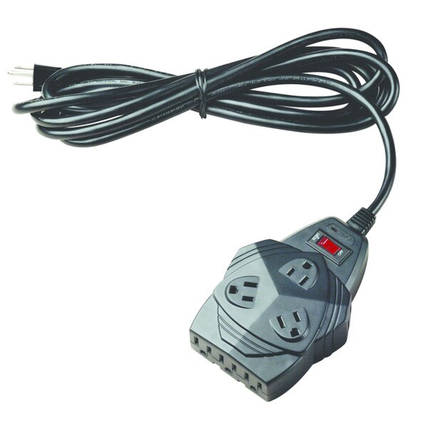 Black 3-outlet grounded extension cord with on/off switch and long cord.