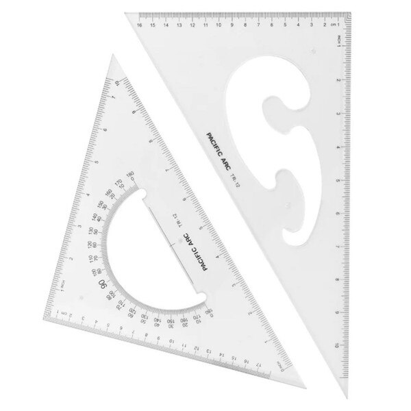 Two triangles that are twelve inches long. One triangle has angles of forty-five and ninety degrees with a French curve cutout, and the other has thirty and sixty degree angles with a protractor.