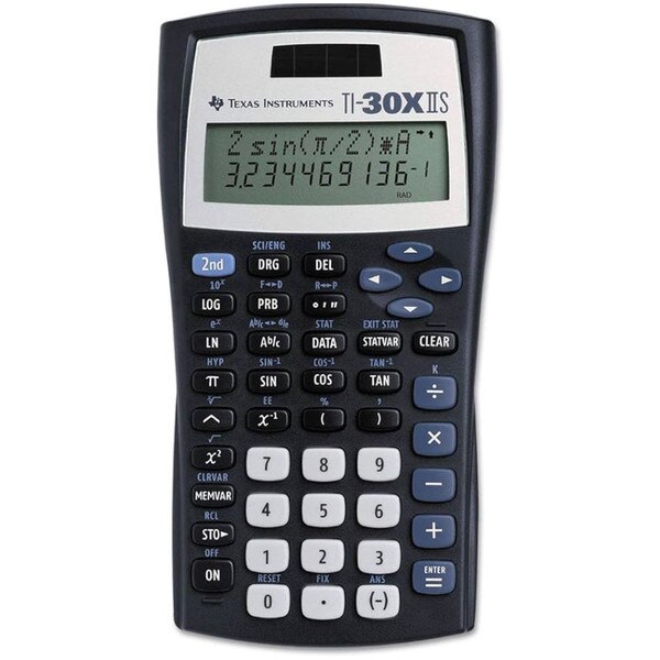 This is a black solar-powered Texas Instruments T-I thirty x 2 s scientific calculator.