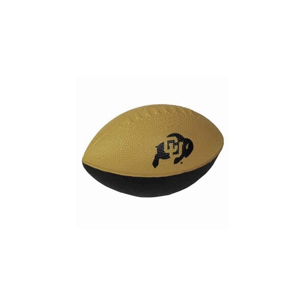 A black and vegas gold foam football with a c-u buffalo logo on it.