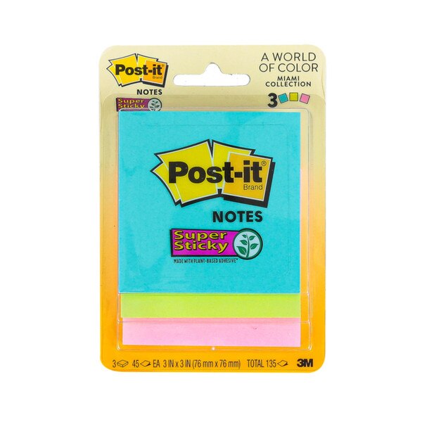 An assorted pack of blue, green, and pink sticky notes from post-it.