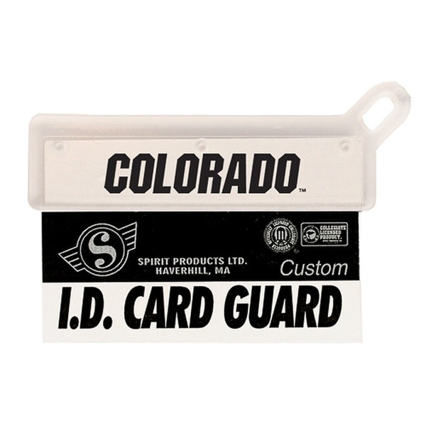 A clear-white plastic ID card guard with a hook to attatch it to a lanyard or keychain.