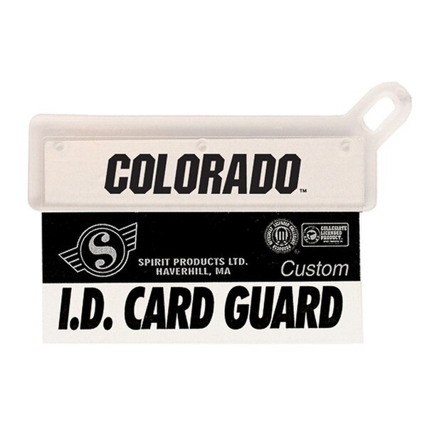A clear-white plastic ID card guard with a hook to attatch it to a lanyard or keychain.