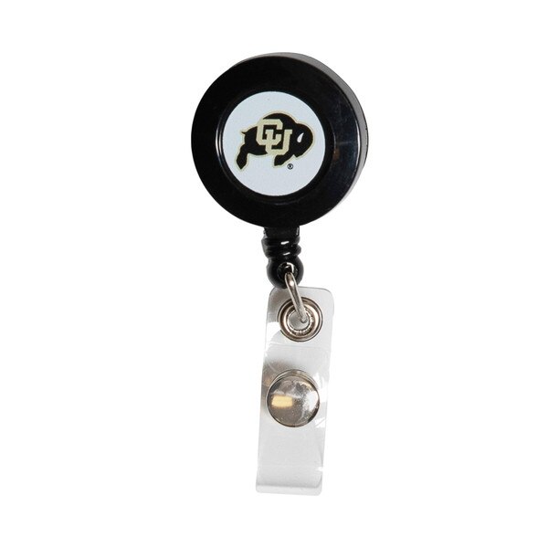 A black retractable keychain with a white circle in the center, enclosing a C-U Buffalo logo.