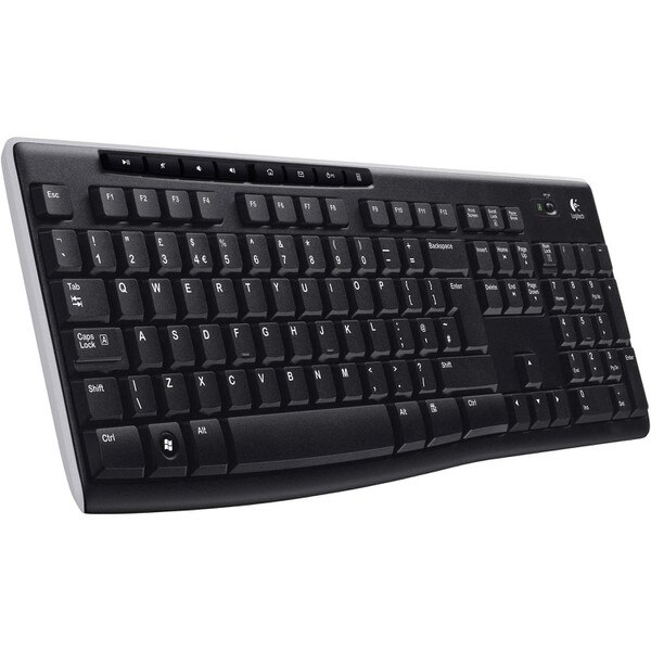 A black wireless keyboard with a computer plug-in to allow the keyboard to sync.