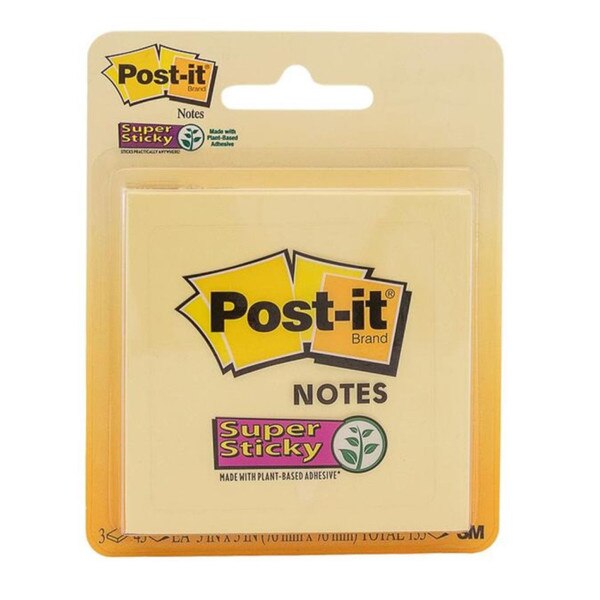 Post-it Super Sticky Notes in yellow, 3x3 inches, made with plant-based adhesive, front packaging view.
