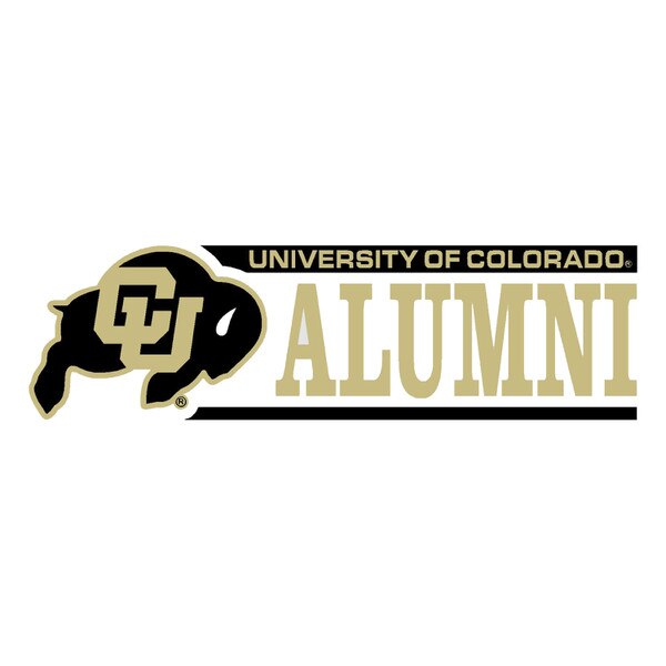 A decal that says "University of Colorado" in Vegas gold on a black bar above "Alumni" written boldly in gold. Also features the iconic CU Buffalo logo on the left of the writing.