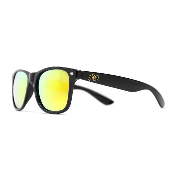 This is a pair of black sunglasses. There are small black and gold CU buffalo logos on each arm. The lenses are mirror reflective and a bright orange/yellow color.