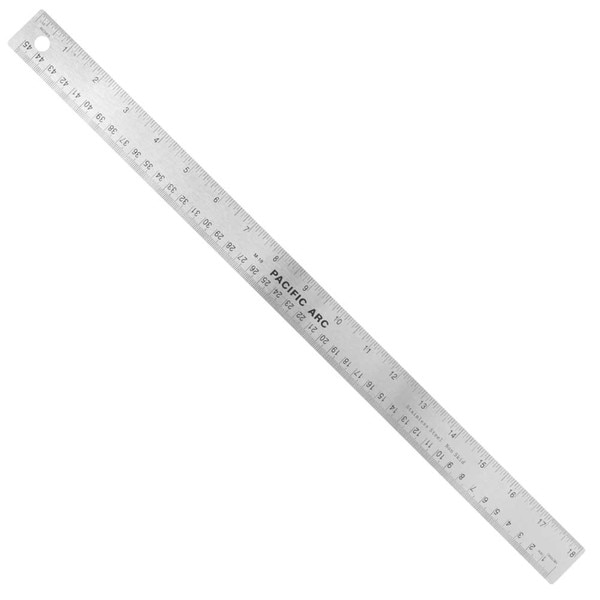 A silver, eighteen inch metal ruler with a cork back.
