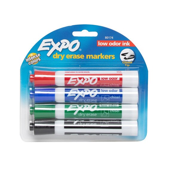 A four pack of Expo markers in red, blue, green, and black.