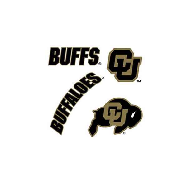 A four pack of magnets. One has "buffs" written out, the other is an interlocking cu logo, a cu buffalo logo, and lastly "buffaloes".