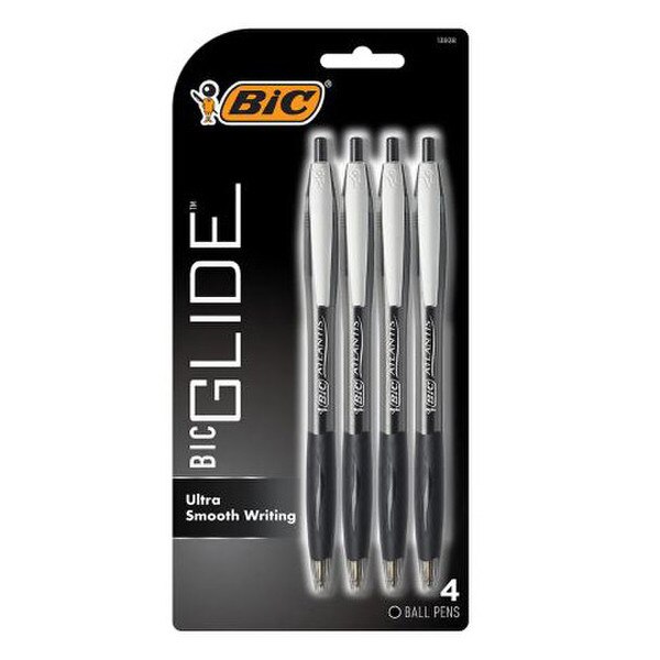 This is a 4 pack of black, smooth write, ball-point pens. They have black comfort grips and silver clips.