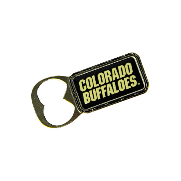 A silver and black magnet bottle opener with Colorado Buffaloes written on it in Vegas Gold lettering.