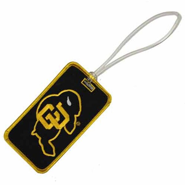 An embroidered fabric Colorado Buffaloes logo luggage tag.