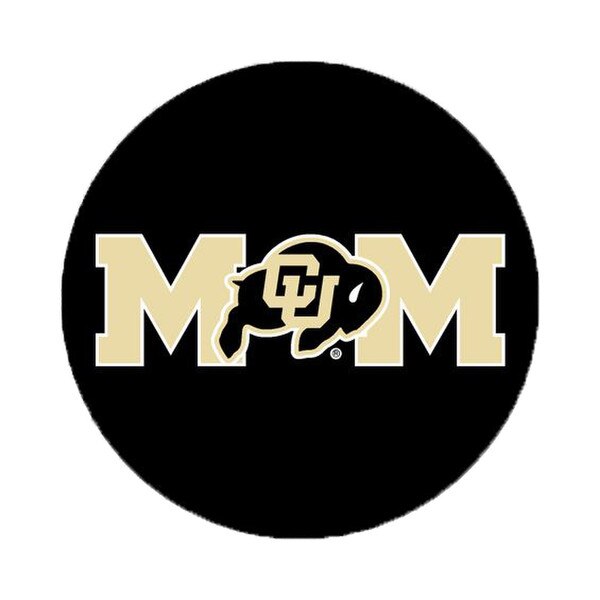 This is a pin back button that says "MOM" on the front. Rather than an O, the letter is replaced with a CU Buffalo logo. The letters are black, white and gold. The pin itself is black