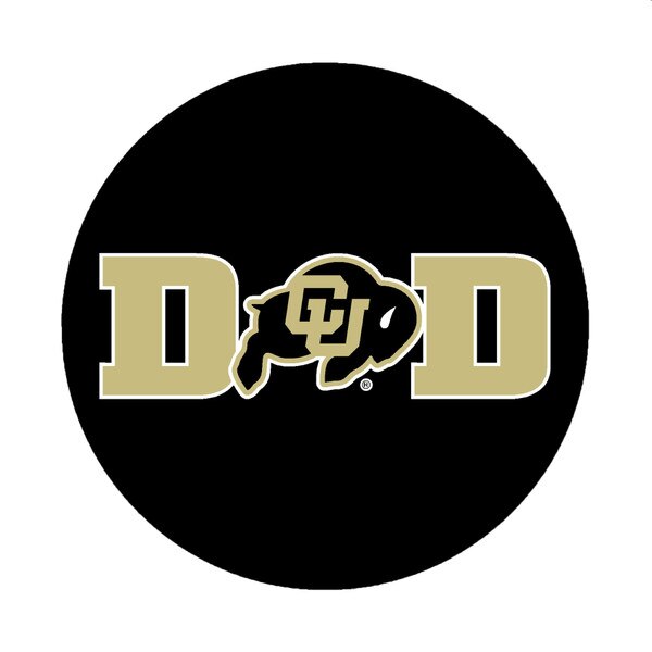 This is a pin back button that says "DAD" on the front. Rather than an A, the letter is replaced with a CU Buffalo logo. The letters are black, white and gold. The pin itself is black