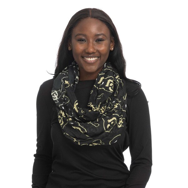 A black infinity scarf with CU Buffalo logo all around, with frayed edges.