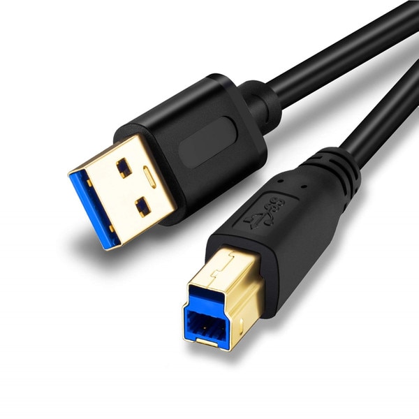 USB 3.0 A to B cable with gold-plated connectors for high-speed data transfer and printer or scanner connectivity