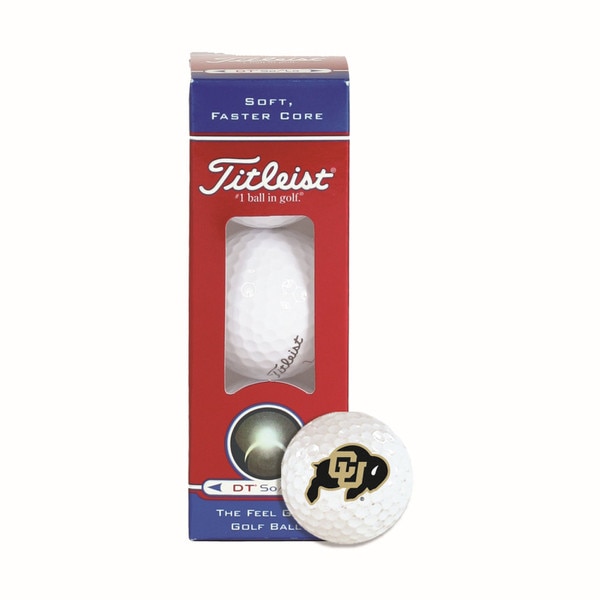 Titleist golf ball with CU Buffaloes logo and red retail box labeled “Soft, Faster Core.”