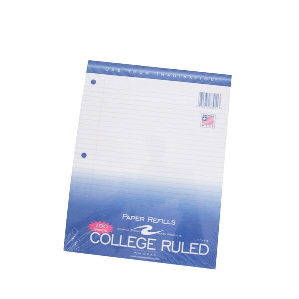 A pack of 100 pages of college ruled, 3 hole punch, loose leaf paper.
