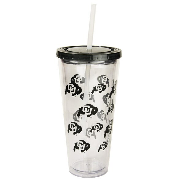 A clear tumbler with a straw and repeating c-u buffalo logo print in black and a black lid.