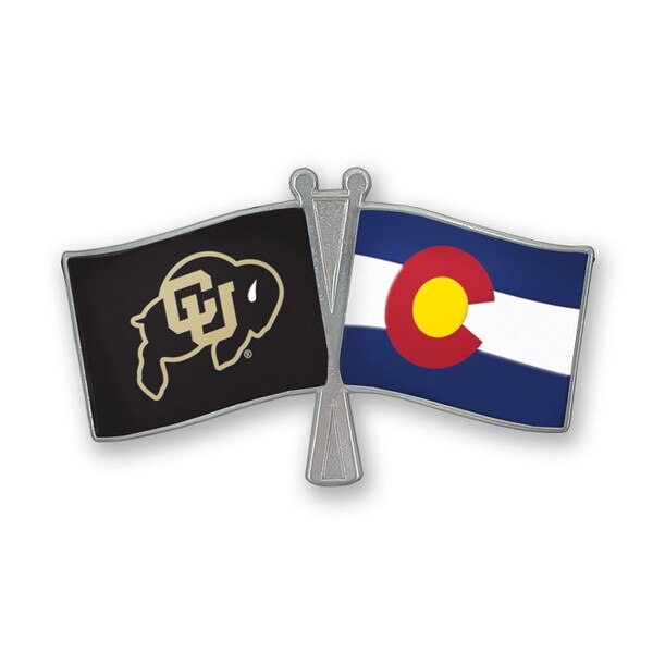 A metal lapel pin with a black C-U flag with a Vegas Gold C-U Buffalo logo on the left, and a Colorado State flag on the right.