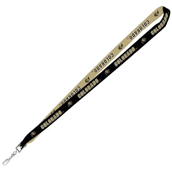 A reversible lanyard with a gold side and black side, each side has colorado and cu buffalo logos repeating on it.