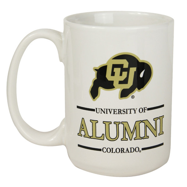 A white University of Colorado Alumni mug with black and vegas gold writing and a C-U logo