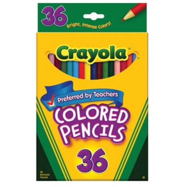 36 pack of pre-sharpened crayola colored pencils of 36 different bright colors.