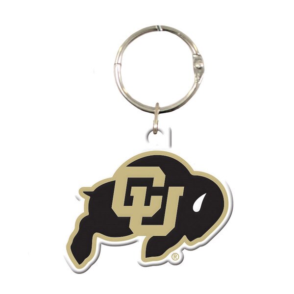 A C-U buffalo keychain in black and vegas gold coloring, with an easy to open and close metal latch for attachment.