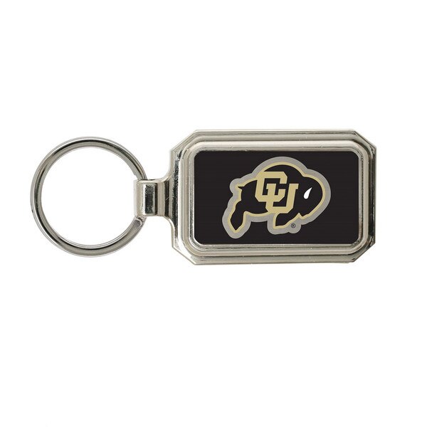 A metal rectangular keychain with a keyring, featuring a black and vegas gold C-U Buffalo logo in a black rectangle.