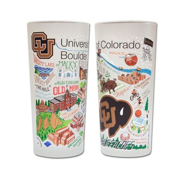 A pair of Glasses exhibiting the beautiful Boulder Campus with Interlocking CU and Buffalo Logos.