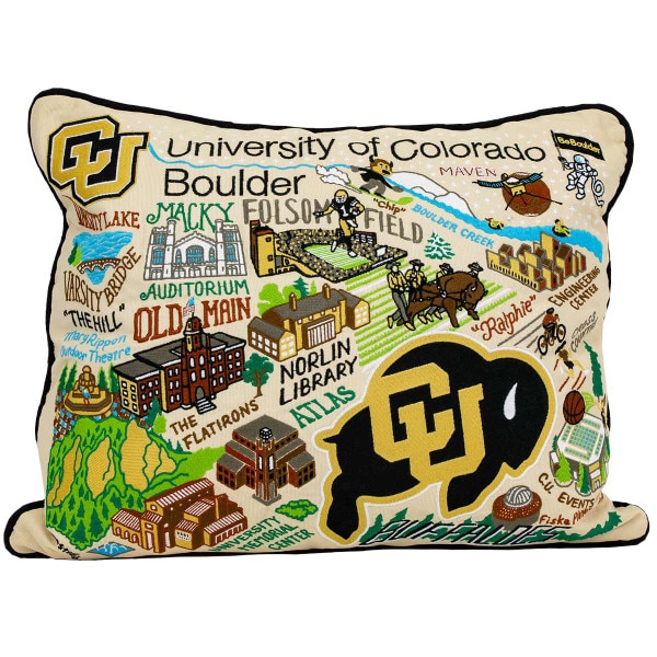A University of Colorado pillow with colorful doodles of CU Boulder attractions.