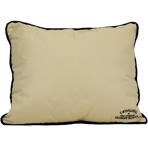A plain backing with the Catstudio logo in the right bottom corner and black threading around the outer rim of the entire pillow.