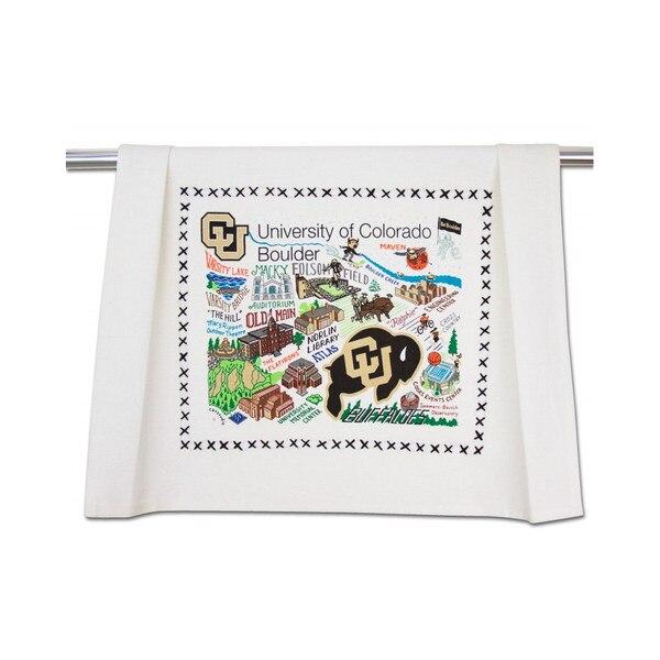 A white dish towel with artwork detailing the c-u boulder campus scene wrap.