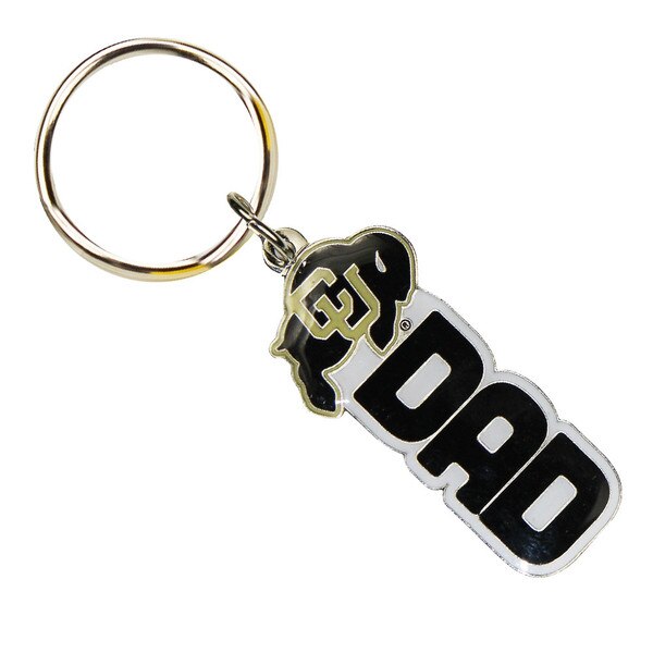 A Colorado Buffaloes Dad keychain with black, white, and Vegas Gold accents.