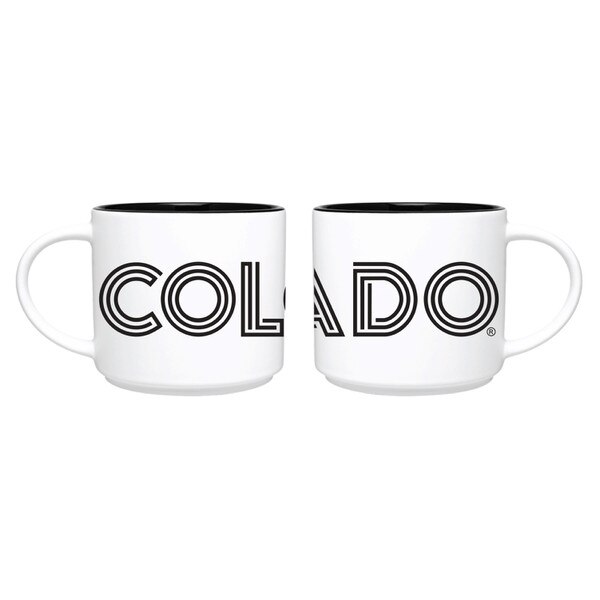 A white mug with a black interior and "Colorado" written across the exterior in black and white striped letters.