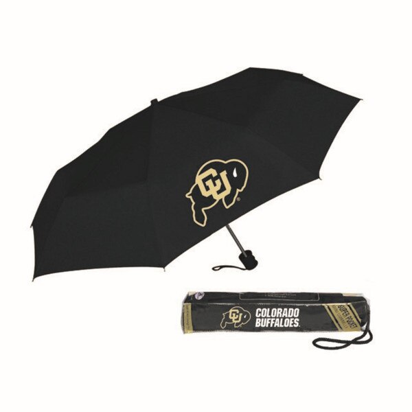 A black mini umbrella with a large c-u Buffalo logo on it; It comes with a pocket to put into.