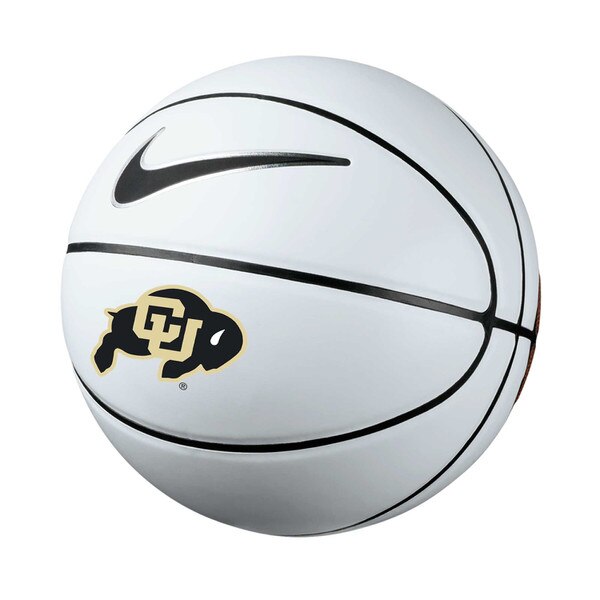 This side of the basketball has all white paneling for autographs. There's a black and silver Nike swoosh logo on one panel, and a black and gold C.U. Buffalo logo on the panel underneath.