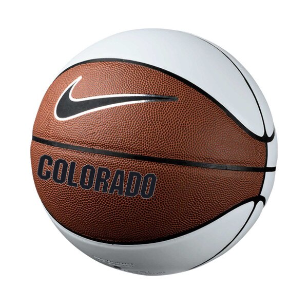 A basketball with Colorado written on it with a Nike Swoosh above it, and white blank autograph-paneling on the back-side.