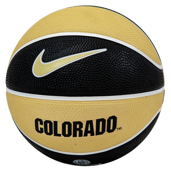 An alternating black and Vegas Gold color-block basketball with a Nike Swoosh logo on one panel, and "Colorado" below it, with a C-U Buffalo logo on the back.