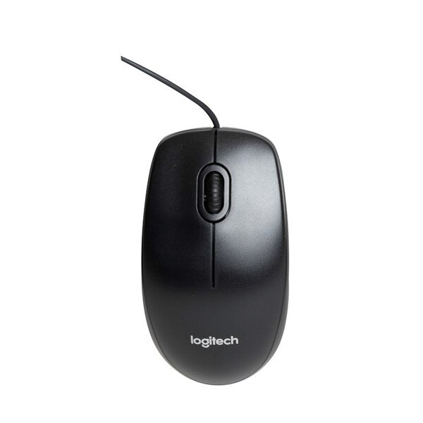 A black wired mouse that says "logitech" at the bottom.