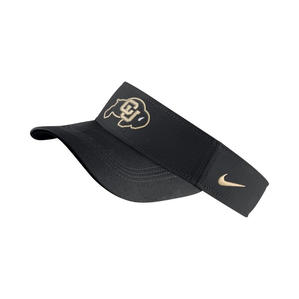 Black Nike visor with CU Buffaloes logo on front and gold swoosh on side