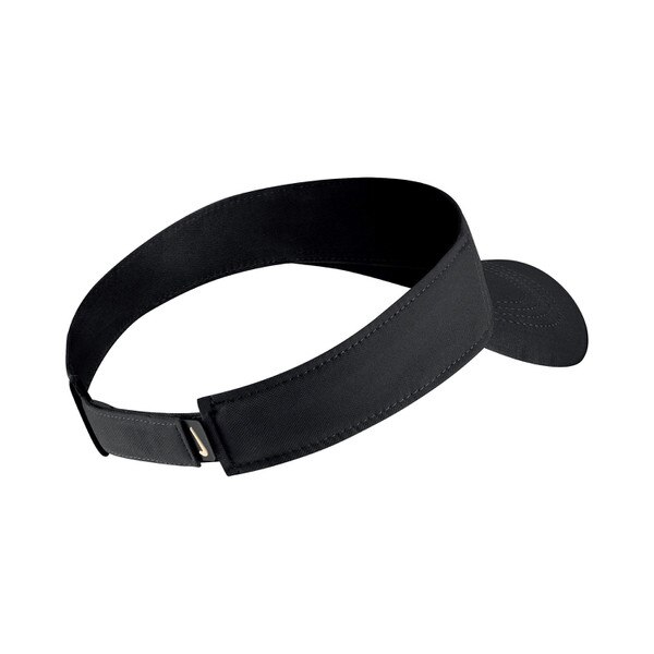 Back of black visor with adjustable velcro strap with nike swoosh.