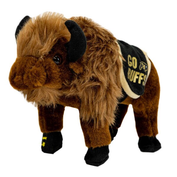 A buffalo stuffed animal wearing a Go Buffs outfit with a C-U buffalo logo on it.