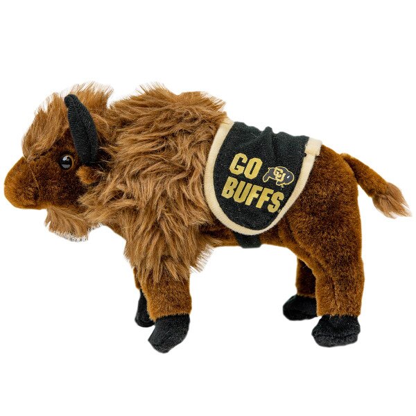 A side view of the buffalo stuffed animal wearing a Go Buffs outfit with a C-U buffalo logo on it.