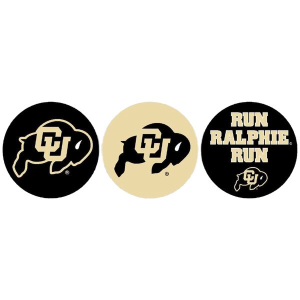 A pack of 3 mini buttons: 1 is black with a cu buffalo logo, 1 is gold with a cu buffalo logo on it, the other is black and says run ralphie run with a cu buffalo logo on it.